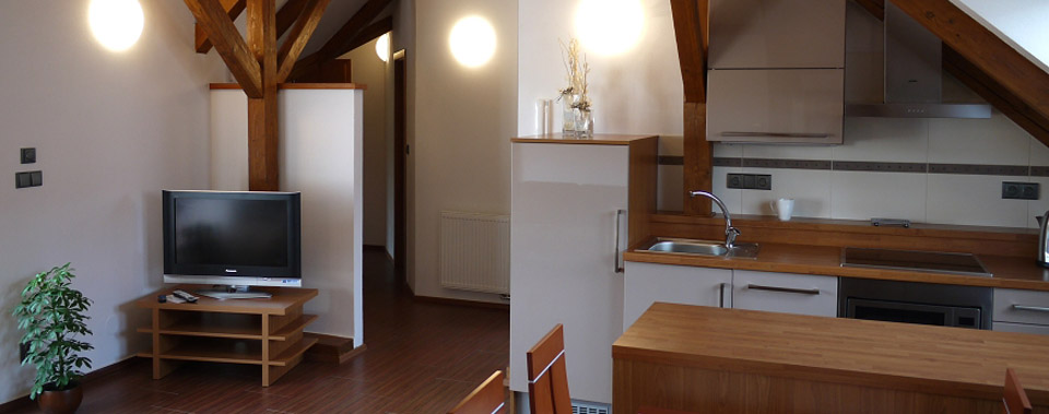 Five-bed apartment has a large living room with kitchenette.